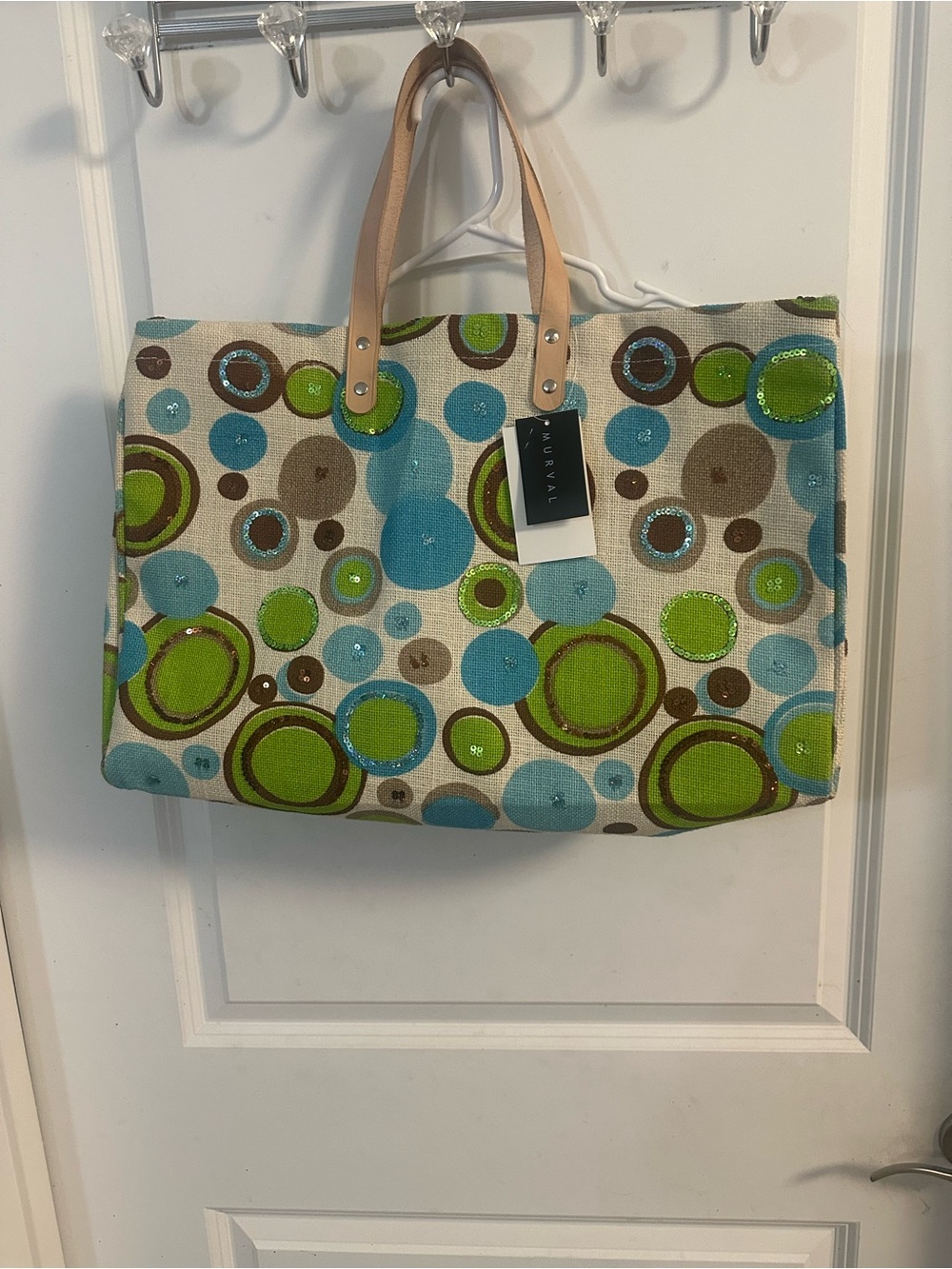 Canvas Tote Bag in Blue & Green Circle Print - Unbranded